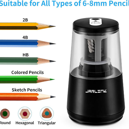 JARLINK Electric Pencil Sharpener, Heavy-Duty Helical Blade to Fast Sharpen, Auto Stop for No.2/Colored Pencils(6-8mm), AC Adapter/Battery Operated in School Classroom/Office/Home (Black)