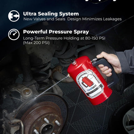 toolant 32oz Refillable Pressurized Sprayer, Steel Canister, Rust-Resistant Lining, Needle Valve Leak-Resistant, Dual Nozzles 1.0/0.6mm, Funnel Included, 200 PSI Max, for Brake Cleaner & Solvents, Red
