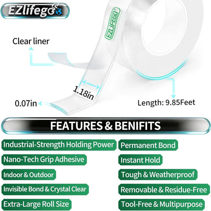 EZlifego Double Sided Tape Heavy Duty, Nano Double Sided Adhesive Tape, Clear Mounting Tape Picture Hanging Adhesive Strips (9.85FT)