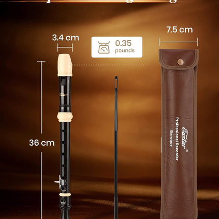 Eastar Soprano Recorder for Beginners Kids, Baroque style C Key Recorder Instrument ABS Classic 3 Piece with Cleaning Kit, Thumb Rest, Leather Bag, Fingering Chart, Brown, ERS-21BB