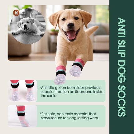 Kuoser Anti Slip Dog Socks to Prevent Licking Paws, Dog Grippy Socks for Hardwood Floors Hot Pavement, 4Pack Traction Control Booties Paw Protectors for Small Medium Large Senior Dogs, Pink S