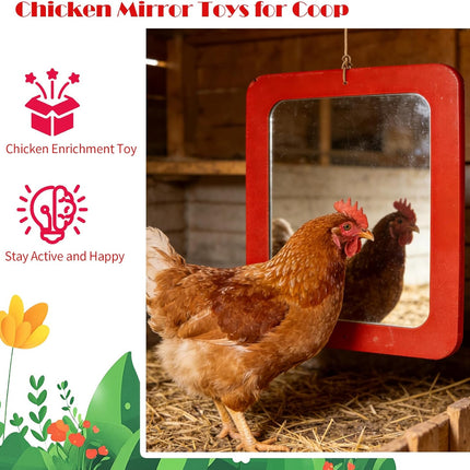 FlidRunest Extra-Large Size Chicken Mirror Toys for Coop, 11.8'' x 9.8'' Hanging Chicken Enrichment Swing Mirror Acrylic, Double-Sided Coop Accessories for Hens Birds Parrots Roosters Red