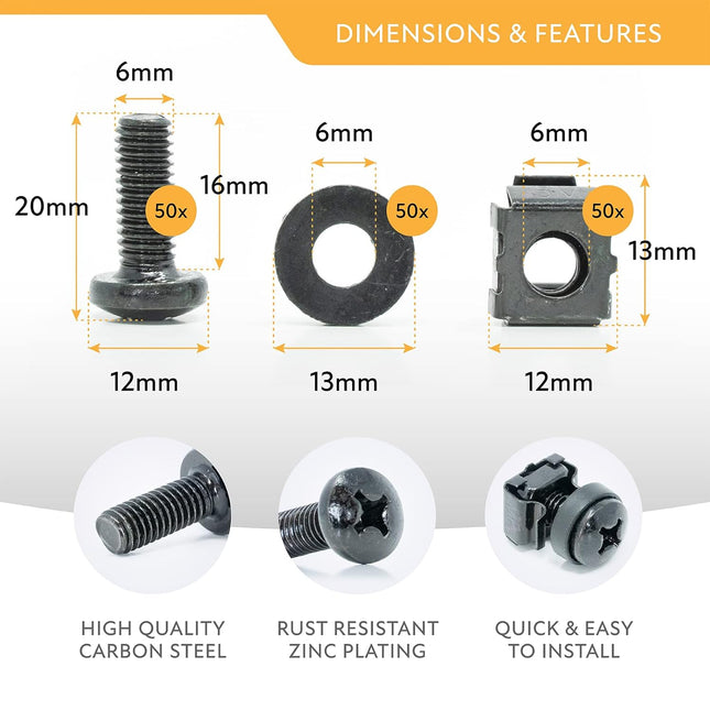 M6 Cage Nuts, Screws and Washers [Size: M6 x 16mm 50 Pack] Rack Mount Screws Hardware for use with - photo 2
