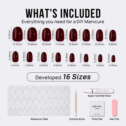Press On Nails, Short Oval Dark Red Fake Nails, 32Pcs Full Kit - photo 6