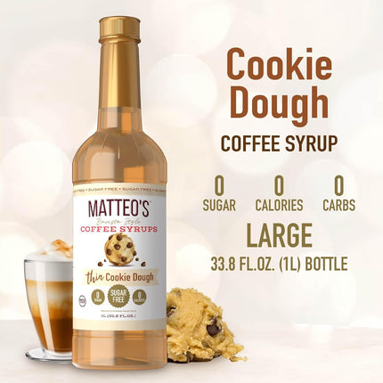 Matteo's Cookie Dough Syrup for Coffee, Lattes, Cappuccinos & Desserts – Sugar-Free Sweetener for Beverages, Keto Friendly, Zero Calories, Indulgent Flavor, Non-Alcoholic, 33.8oz (1pk)