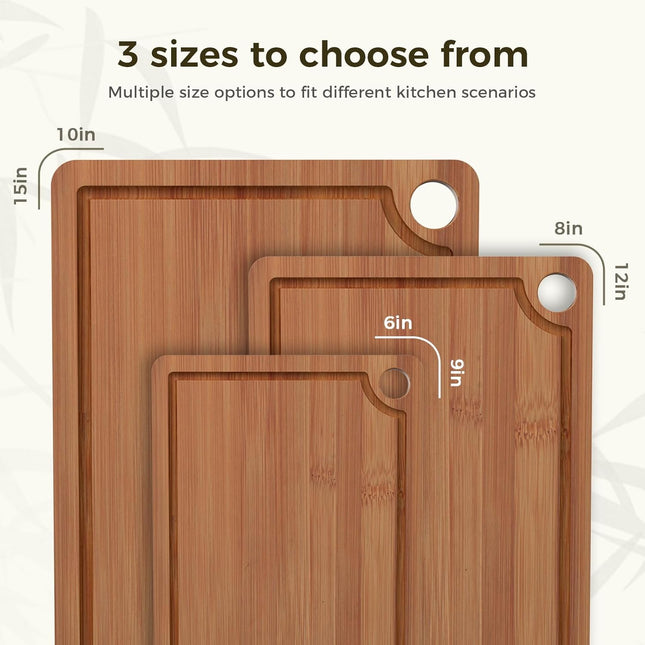 Bamboo Cutting Board for Kitchen, 3-Piece Set with Juice Grooves, Side Handles & Non-Slip Mats