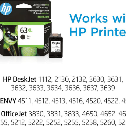 HP 63XL Black High-Yield Printer Ink Cartridge Printers | Works with DeskJet 1112, 2130, 3630;Envy 4510, 4520; OfficeJet 3830, 4650, 5200 | Eligible for Instant Ink | F6U64AN