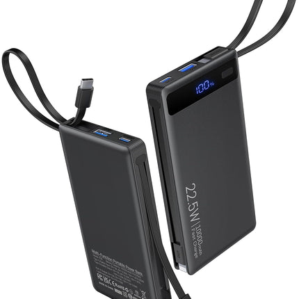 Power Bank with 2 Built-in Cables 10000mAh, 22.5W PD Slim Portable Charger USB C Battery Pack, Travel Essentials Fast Charging Powerbank Compatible with iPhone 17 16 15 14 Plus Pro Samsung iPad etc