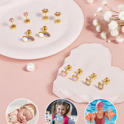 Hypoallergenic Earrings for Girls Toddler Kids, Cute Infant Baby Earrings Flatback Screw Back Earrings 14K Gold Plated Small Flower Pink Heart Star Mouse Rainbow Surgical Steel Stud Earrings Set