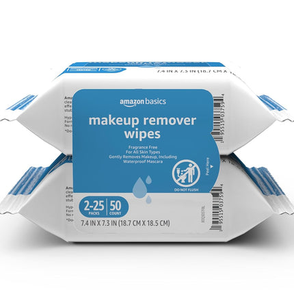 Amazon Basics Makeup Remover Wipes, Formulated without Fragrance and Alcohol-Free, Gentle Cleansing, Removes Waterproof Mascara, Dermatologist Tested, 25 Count, Pack of 2