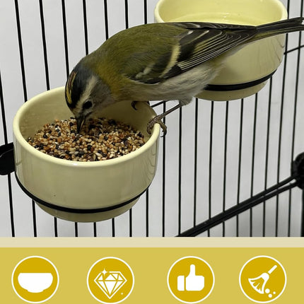 2PCS Ceramic Bird Cage Food Bowls Hanging Parrot Water Bowl Parakeet Feeding Dish Cups Lovebirds Cage Feeder for Budgie Finches Macaw Cockatiels (Yellow)