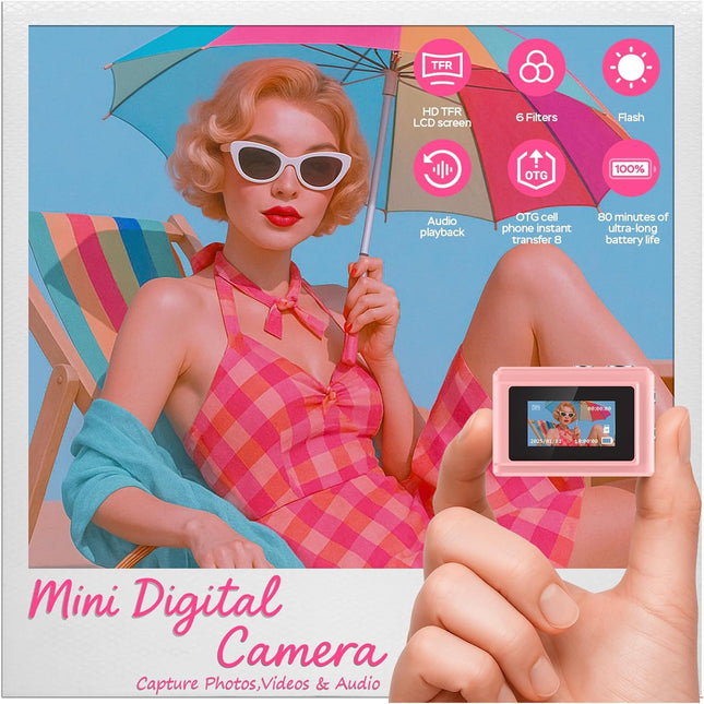 Mini Camera 1080P HD Video Recorder - Pink Keychain Camcorder with 64GB Card