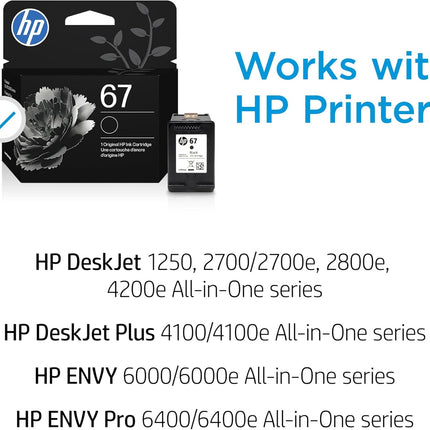 HP 67 Black Ink Cartridge | Works with DeskJet 1255, 2700, 4100 and Envy 6000, 6400 Series, Eligible for Instant Ink, 3YM56AN | Packaging May Vary