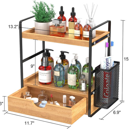Wood Bathroom Counter Organizer with Drawer & Basket, 2-Tier