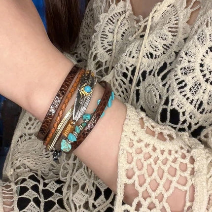 Turquoise Bracelet for Women, Boho Western Bracelet for Turquoise Jewelry, Leather Wrap Multi-Layer Turquoise Bracelet Bangle Jewelry