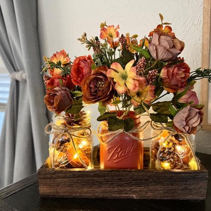 3 Pcs Mason Jar Centerpiece Table Decorations for Dining Table Decor Farmhouse Coffee Table Decor with Wood Tray and Led Light Table Centerpieces for Dining room Kitchen Living Bathroom,Orange