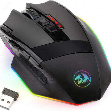 Redragon M801 Wireless Gaming Mouse, RGB Gaming Mouse with MMO 9 Programmable Macro Editing Buttons, UP 16000 Adjustable DPI, Rapid Fire Button for Game, Windows,PC - Wireless, Black