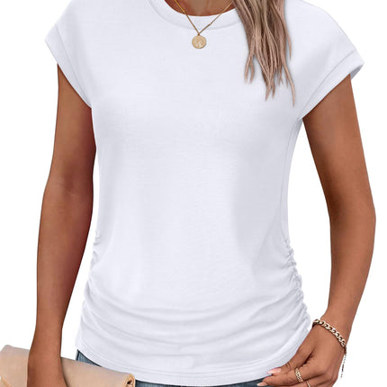 Womens Summer Tops Trendy 2026 Ruched Cap Short Sleeve Tshirts Shirts Crew Neck T Shirts Fashion