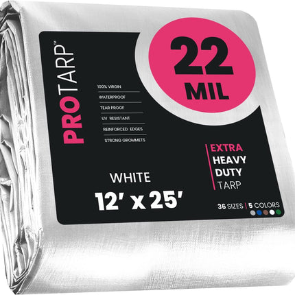 PROTARP Extreme Heavy Duty 22 Mil Tarp Cover, Waterproof, UV Resistant, Rip and Tear Proof, Poly Tarpaulin with Reinforced Edges for Roof, Camping, Patio, Pool, Boat. (White 12′ X 25′)