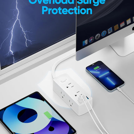 Short Extension Cord 1ft - Olcorife Flat Plug Power Strip with 6 Outlets 3 USB Ports(1 USB C), Small Outlet Extender for Travel Dorm Room Essentials, White