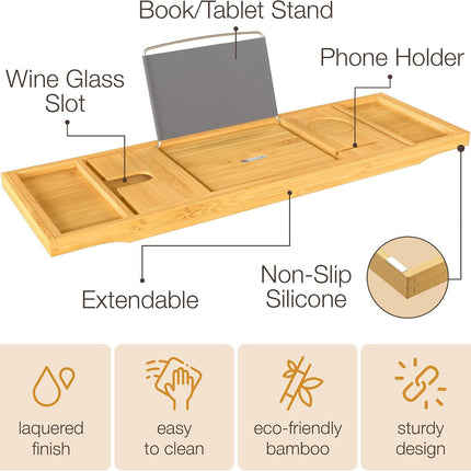 Expandable Bamboo Bathtub Caddy Tray with Wine, Book & Tablet Holder