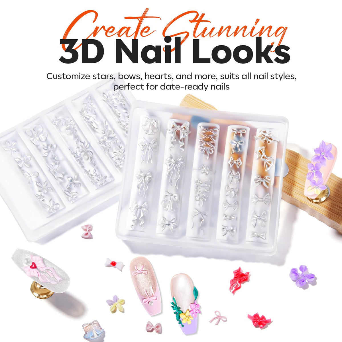 3D Silicone Nail Art Molds with Flower, Lace Bow Designs & Carving Pen - photo 2