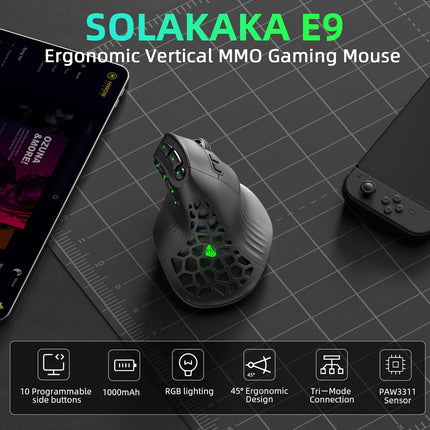 SOLAKAKA E9 Vertical MMO Gaming Mouse,248000 DPI,Tri-Mode Ergonomic Wireless Mouse with 10 Side Buttons,RGB Mouse for PC/Mac Black