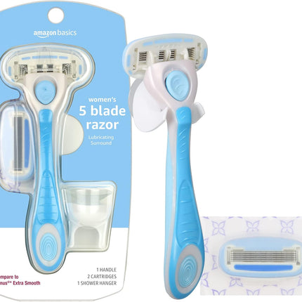 Amazon Basics 5-Blade Extra Smooth Razor for Women with Moisturizing Strips, Handle, 2 Cartridge Refills & Shower Holder (Previously Solimo)