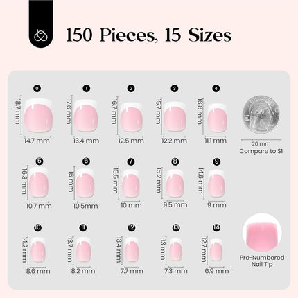 Beetles French Tips Press On Nails: 150 Pcs Pink Short Square Press On Nails Fake Nail Tips, Soft Gel Nail False Nails Art DIY Gifts For Women