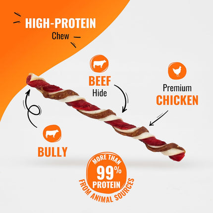GOOD 'N' FUN Triple Flavor Twists with Bully Chews, High-Protein Dog Treat for All Adult Dogs, Made with Real Chicken, Beef Hide, Pork Hide, Bully & Beef Liver Flavor, 6 Count
