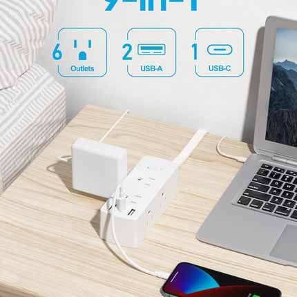 Short Extension Cord 1ft - Olcorife Flat Plug Power Strip with 6 Outlets 3 USB Ports(1 USB C), Small Outlet Extender for Travel Dorm Room Essentials, White