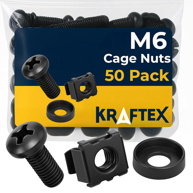 M6 Cage Nuts, Screws and Washers [Size: M6 x 16mm 50 Pack] Rack Mount Screws Hardware for use with Network and Server