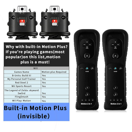 KOUROU 8PCS Motion Plus Wii Remote Controllers with Nunchucks, Mario Kart Steering Wheels and Zapper Light Gun (Black)