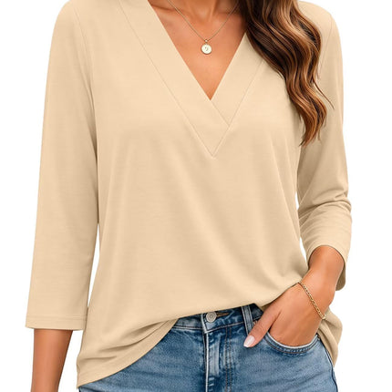 Womens 3/4 Sleeve V Neck Tops Loose Fit T Shirts Casual Blouses