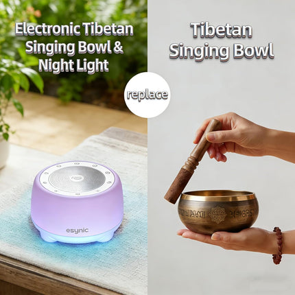 eSynic Rechargeable Tibetan Singing Bowl for Meditation-38 Sounds White Noise Machine with Night Light & 30H Battery-15-90 Timer-Wireless-Sound Healing Device for Yoga Sleep Therapy Stress Relief