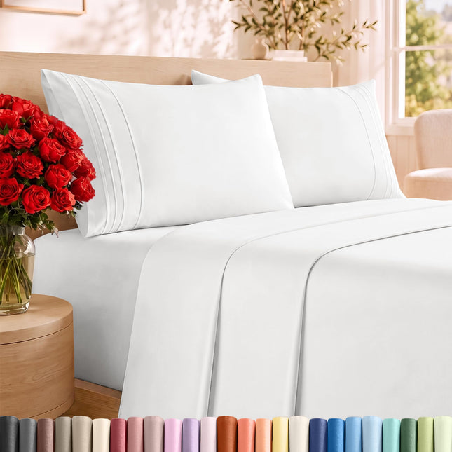 Queen Size 4 Piece Sheet Set - Comfy Breathable & Cooling Sheets - White
