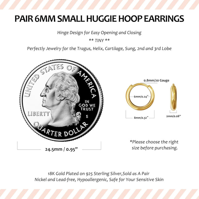 925 Sterling Silver 18K Gold Plated 6mm Huggie Hoop Earrings