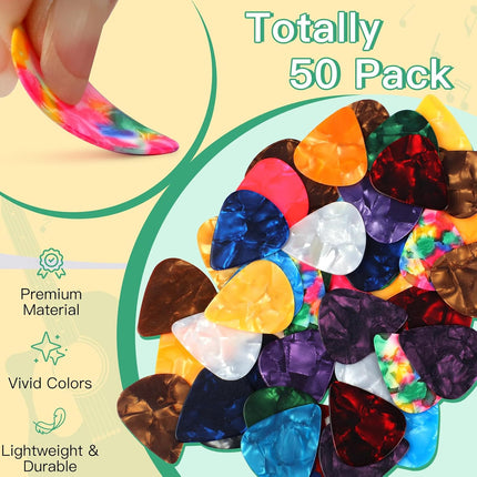 Phinus Guitar Picks 50 Pack, 6 Different Thickness Colorful Picks with Organizer Storage Box, Guitar Picks for Acoustic Guitar, Electric Guitar, Bass, Ukulele