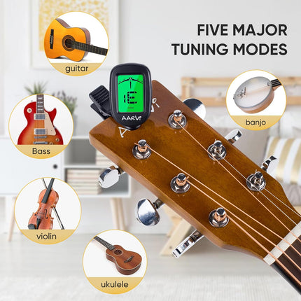 AARVI Clip On Guitar Tuner for All Instruments, Acoustic/Electric Guitar, Ukulele, Bass, Violin, Banjo, Large Clear LCD Display for Guitar Tuning, Chromatic Tuner, 4 Pack Guitar Picks Included