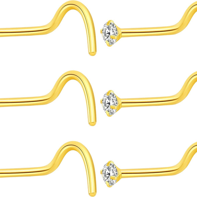 6Pcs Nose Rings Studs Corkscrew 18 Gauge Nose Piercing Jewelry 18G Screw Nose Rings 2mm 2.5mm 3mm CZ Gold Silver Black
