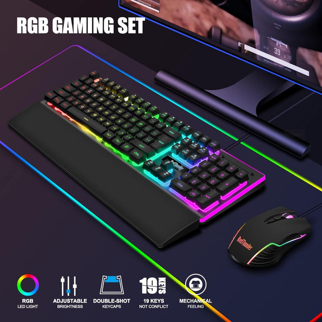 Wired Gaming Keyboard and Mouse and Wrist Rest Combo, RGB Backlit, Mechanical Feel Anti-ghosting - photo 2