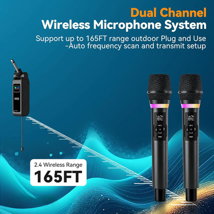 Wireless Microphone, Dual Handheld 2.4G Dynamic Mic with Rechargeable Receiver，Professional Karaoke Microphone, Dual Vocal Pickup with mute echo,treble,bass control, for Singing, Speech, PA System