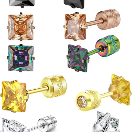 Stud Earrings for Women Men, Hypoallergenic Women's 14K Gold Plated 316L Stainless Steel CZ Studs Earrings Simulated Diamond Round Cubic Zirconia Ear Stud Set