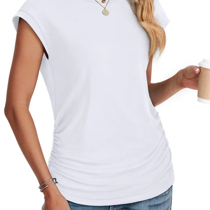 Womens Summer Tops Trendy 2026 Ruched Cap Short Sleeve Tshirts Shirts Crew Neck T Shirts Fashion