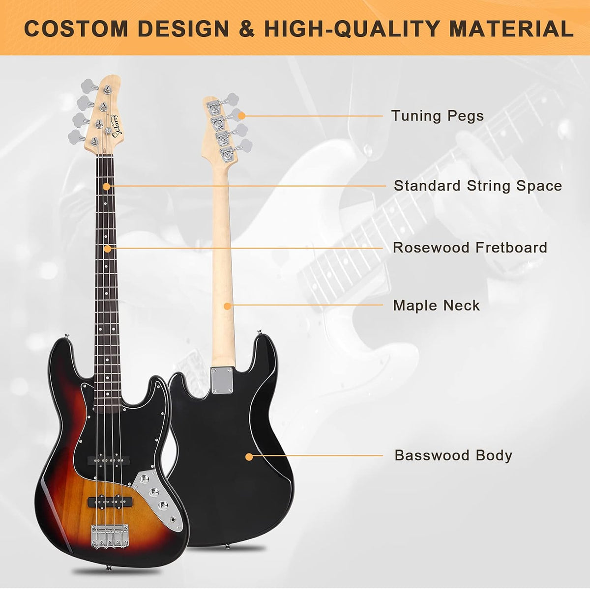 4-String Full-Size Right-Handed Electric Bass Guitar with Bag, Amp Cord and Beginner Kit - Sunset - photo 2