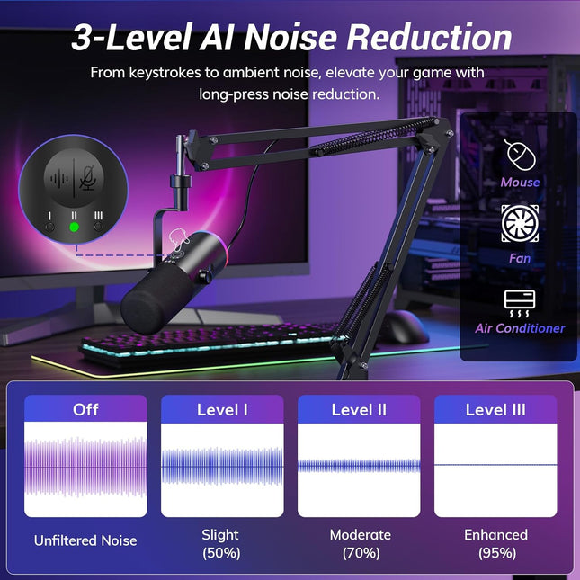 Dynamic Gaming Microphone, XLR/USB Mic Streaming, AI Noise Cancellation, Controlable RGB, Tap Mute, 3.5mm Headphone Jack, Volume Control, Microfono with Boom Arm, Black
