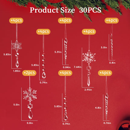 30-Piece Clear Acrylic Snowflake & Icicle Christmas Tree Ornaments