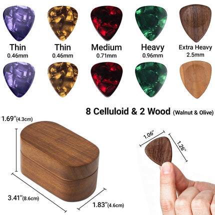 Guitar Pick Holder Set with 2 Color Wood Picks and 8 Celluloid Picks in 3 Thicknesses, Wooden Guitar Pick Case, Mini Jewelry Box, Guitar Music Accessories for Guitar Lover Player