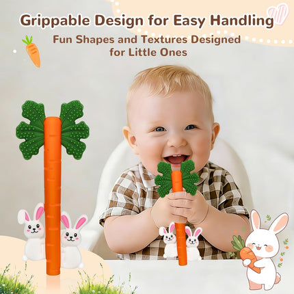 Easter Baby Teething Tube Toys, Silicone Bunny & Carrot Teether Toys for Newborns & Infants 3-6 6-12 Months, Baby's First Easter Gifts, Easter Basket Stuffers Toys for Baby Boys Girls
