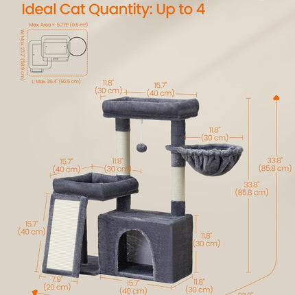 Feandrea Cat Tree, Cat Tower Condo with Scratching Posts and Ramp, 2 Large Perches, Cave, Basket, 33.8 Inches Tall, Dark Gray UPCT013GS02S
